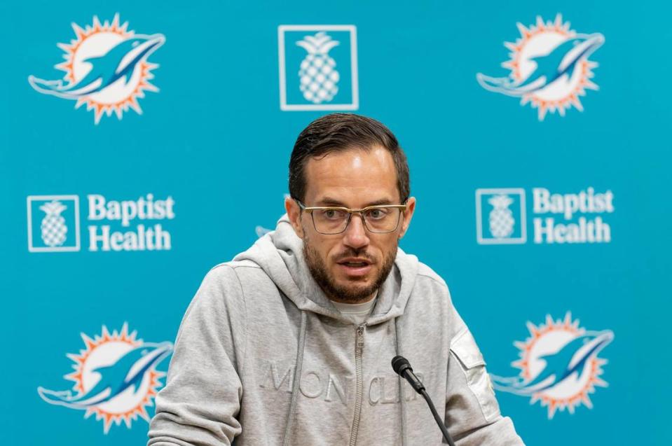 Miami Dolphins head coach Mike McDaniel speaks during a press conference at Baptist Health Training Complex on Thursday, Feb. 15, 2024, in Miami Gardens, Fla. The event was held to announce Anthony Weaver was hired to replace Vic Fangio as the Dolphins' new defensive coordinator.