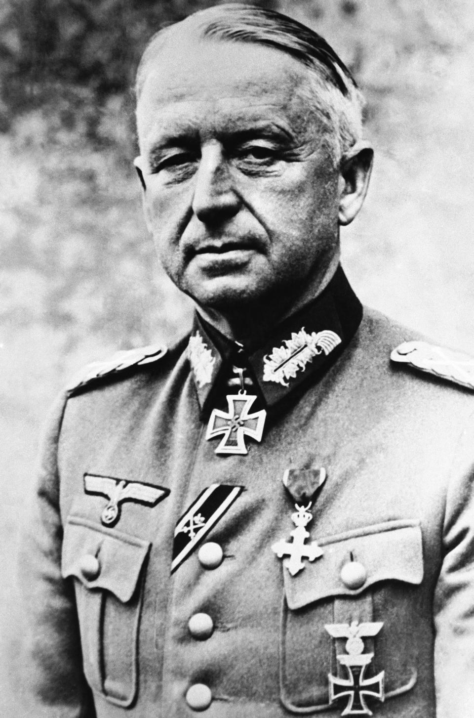 German Field Marshal Erich Von Manstein, in Germany, in 1942. After the war, in 1949, a British court-martial found him guilty of crimes including execution of civilians and mistreatment of prisoners of war.