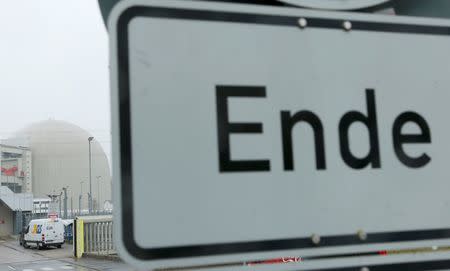 A traffic sign reading 'end' is seen in front of the entrance of the nuclear power plant in Biblis near Frankfurt, Germany March 15, 2016. REUTERS/Ralph Orlowski