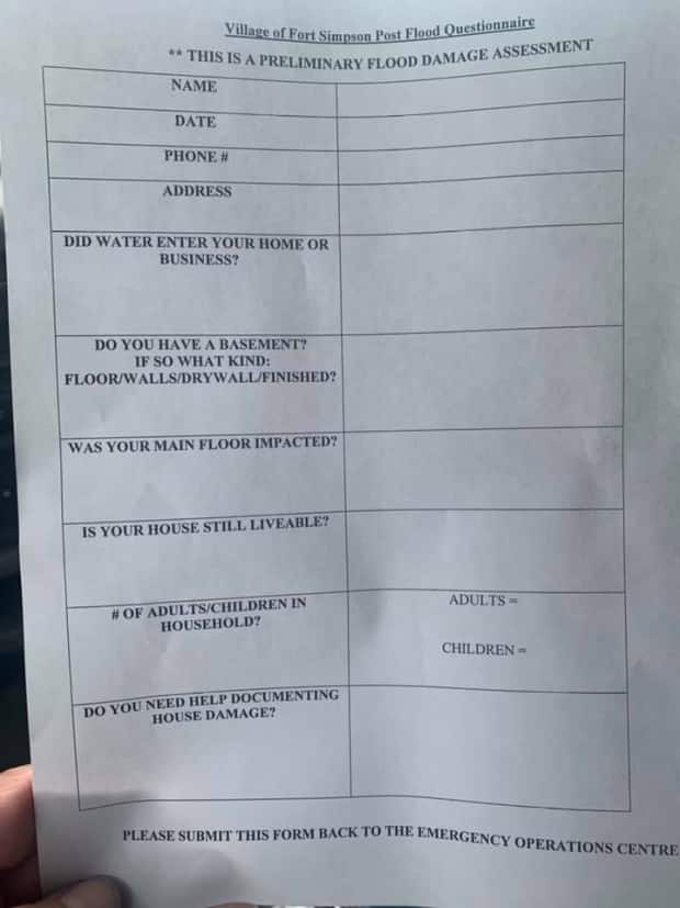 People returning to the island in Fort Simpson are being asked to fill out this questionnaire so the village can build a preliminary property damage assessment.