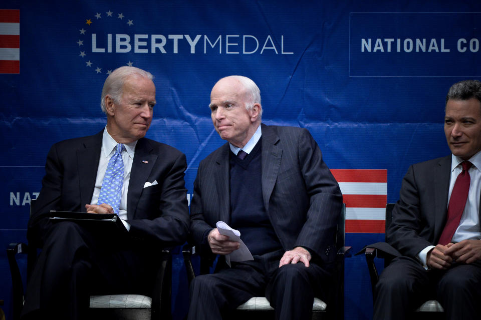 Biden was a longtime friend and Senate colleague of John McCain&rsquo;s. Here Biden is&nbsp;about to present Vietnam War veteran McCain with the Liberty Medal in Philadelphia in October 2017.