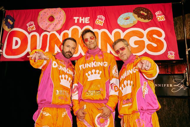 <p>Dunkin'</p> Ben Affleck, Tom Brady and Matt Damon in Dunkin's Super Bowl commercial.