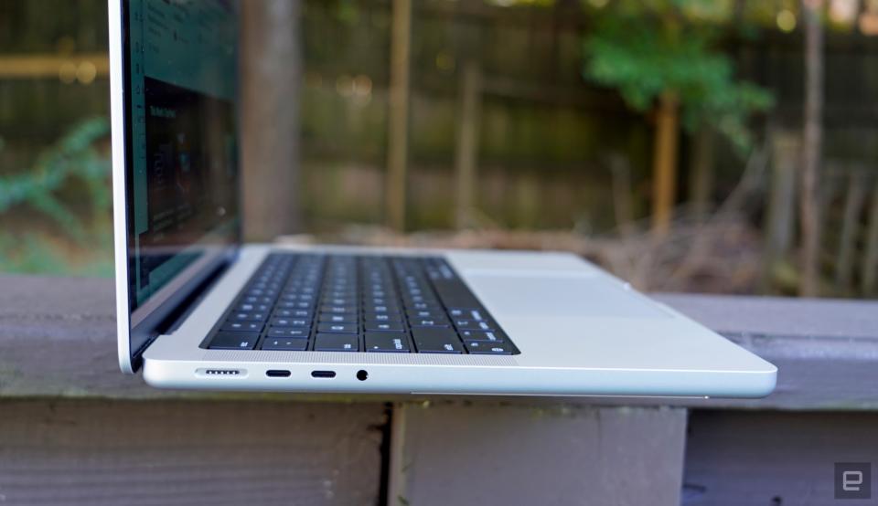 <p>Apple MacBook Pro 14-inch left side ports: Magsafe power, two USB-C and one headphone jack.</p>
