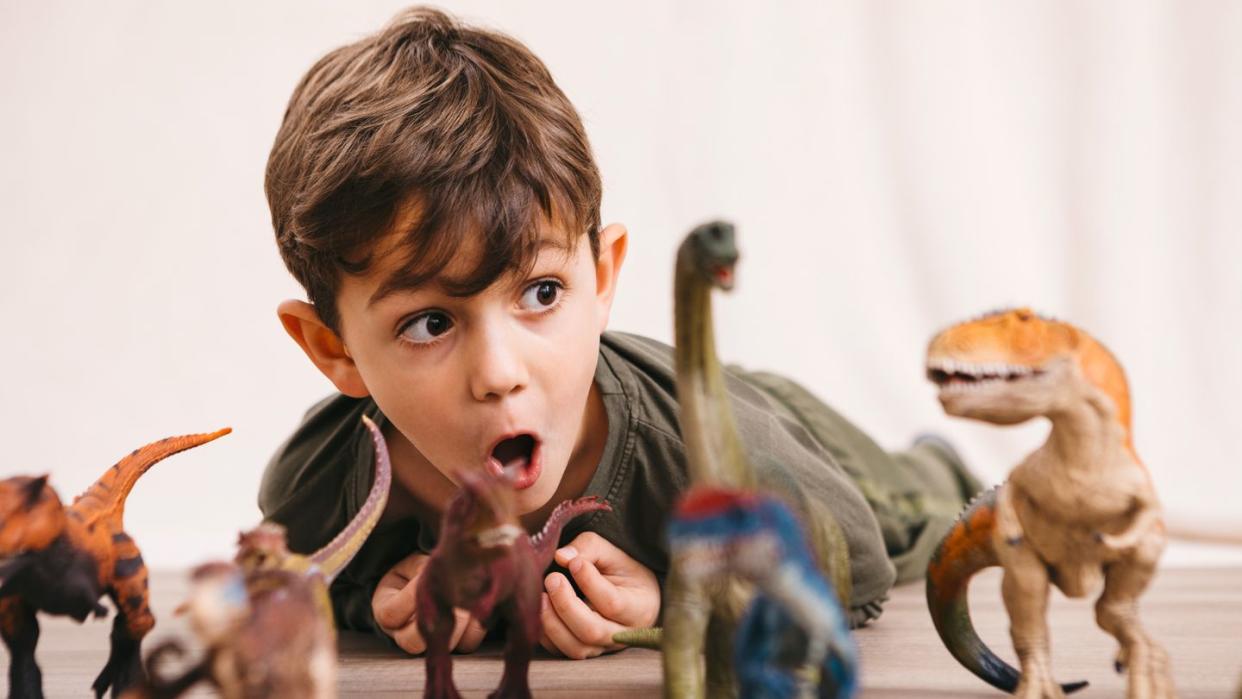 5 year old boy with dinosaur toys