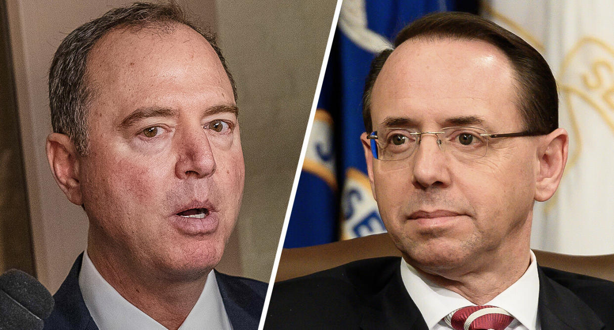 Rep. Adam Schiff, a California Democrat and chairman of the House Intelligence Committee, and U.S. Deputy Attorney General Rod Rosenstein (Photos: Alex Edelman/Bloomberg via Getty Images, Michael Brochstein/SOPA Images/LightRocket via Getty Images)