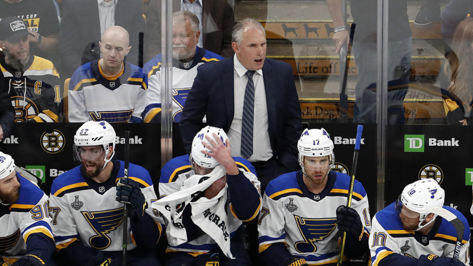Berube yells instruction during Game 5. (Photo by Fred Kfoury III/Icon Sportswire via Getty Images)
