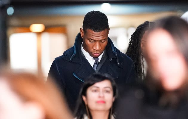 Jonathan Majors leaves the courthouse Dec. 15 following closing arguments in his domestic violence trial in Manhattan. He was convicted of assault and harassment.