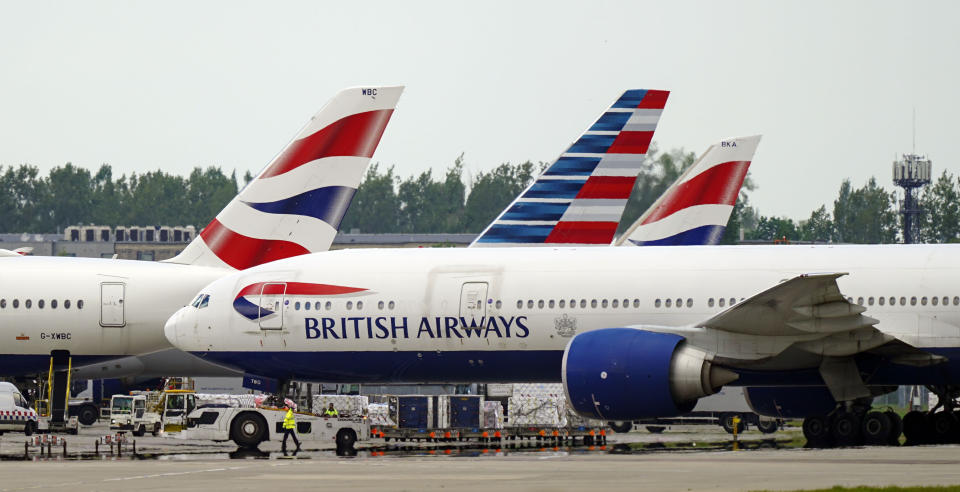 British Airways planes at Heathrow Airport, West London, as thousands of people have departed on international flights after the ban on foreign holidays was lifted for people in Britain.. Picture date: Monday May 17, 2021. (Photo by Steve Parsons/PA Images via Getty Images)