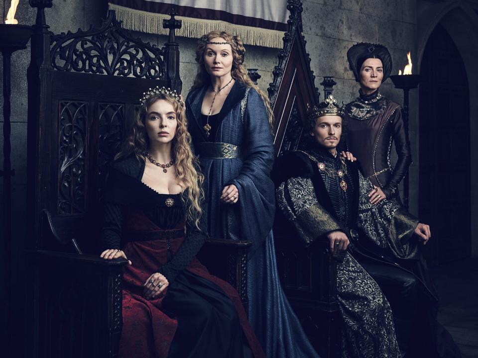 Jodie Comer (Elizabeth of York), Essie Davis (Dowager Queen Elizabeth), Jacob Collins-Levy (King Henry VII), Michelle Fairley (Lady Margaret Beaufort) in the Starz series The White Princess