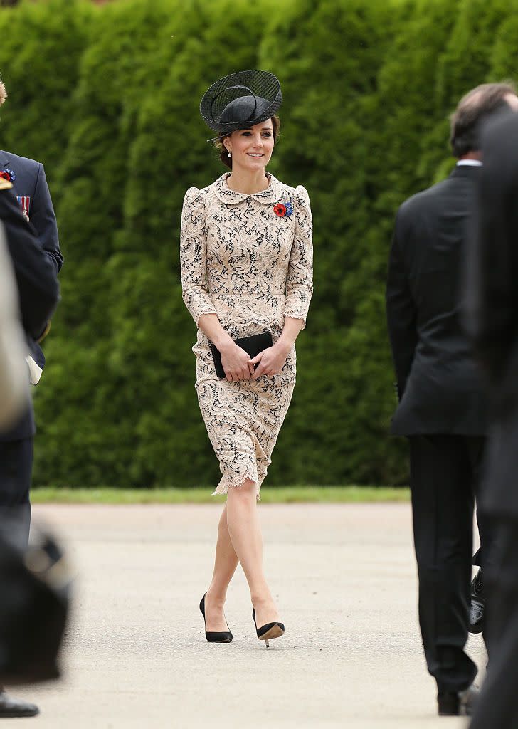 <p>The Duchess wore her Sophie Hallette Lace dress to the French Battle of the Somme 100th Anniversary Service.</p>