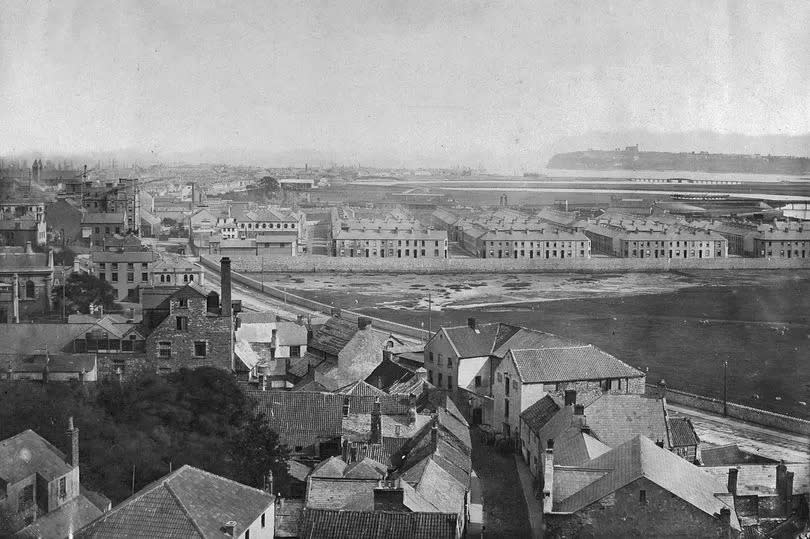 Cardiff, looking south from the castle's clock tower in the early 1870s before anything was built on Westgate Street, you can see Womanby Street in the foreground and Temperance Town in the distance