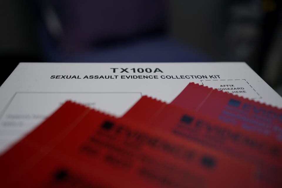 A Sexual Assault Evidence Collection Kit, or Rape Kit, rests on a table in an examination room, Wednesday, Aug. 31, 2022, in Austin, Texas. After a Texas law banning abortions past about six weeks, even in cases of rape or incest, went into effect a year ago, Gov. Greg Abbott said the state would strive to "eliminate all rapists from the streets." (AP Photo/Eric Gay)