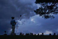 Will Zalatoris watches his tee shot on the 18th hole during the third round of the Masters golf tournament on Saturday, April 10, 2021, in Augusta, Ga. (AP Photo/Charlie Riedel)