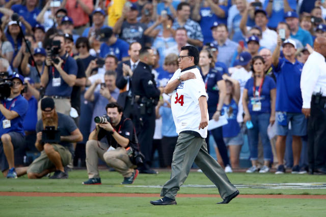 Fernando Valenzuela catches first pitch from Granddaughter 