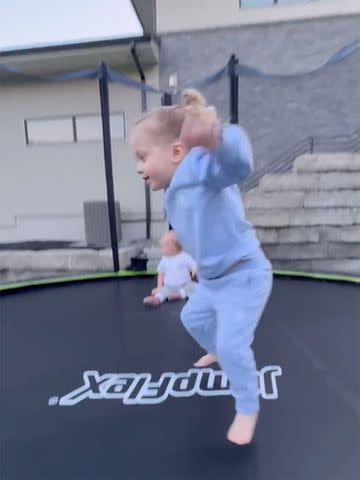 <p>Brittany Mahomes/Instagram</p> Brittany posted a cute video of her kids playing on a trampoline outdoors