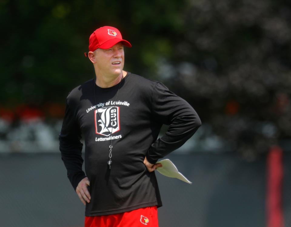 Louisville's Jeff Brohm coaches during one of the team's practices. August 1, 2023