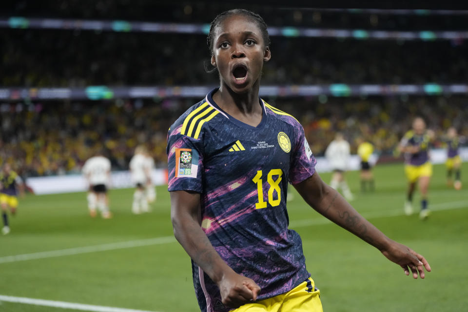 Colombia's Linda Caicedo celebrates after scoring her side's opening goal during the Women's World Cup Group H soccer match between Germany and Colombia at the Sydney Football Stadium in Sydney, Australia, Sunday, July 30, 2023. (AP Photo/Rick Rycroft)