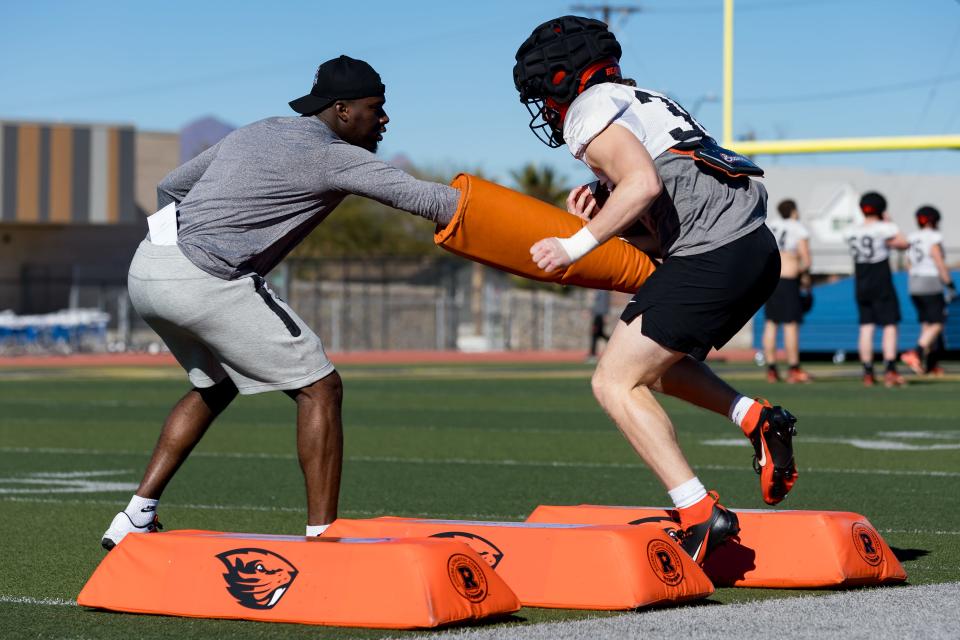 Oregon State football players work on drills at practice at the Eastwood High School on Tuesday, Dec. 26, 2023, as they prepare for the Tony the Tiger Sun Bowl against Norte Dame.