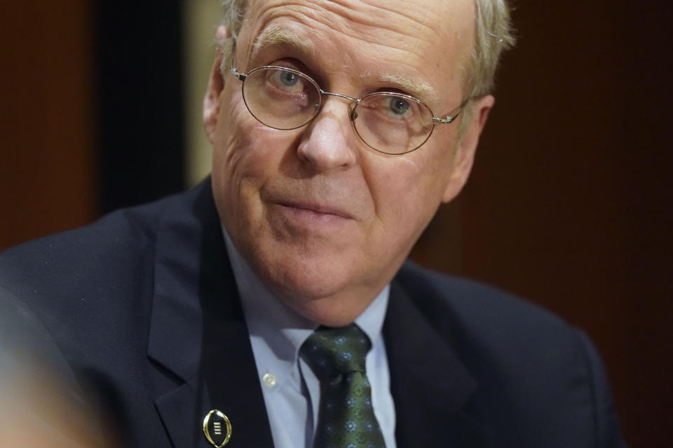 College Football Playoff Executive Director Bill Hancock listens to a reporter's question Tuesday, June 22, 2021, in Grapevine, Texas. (AP Photo/LM Otero)