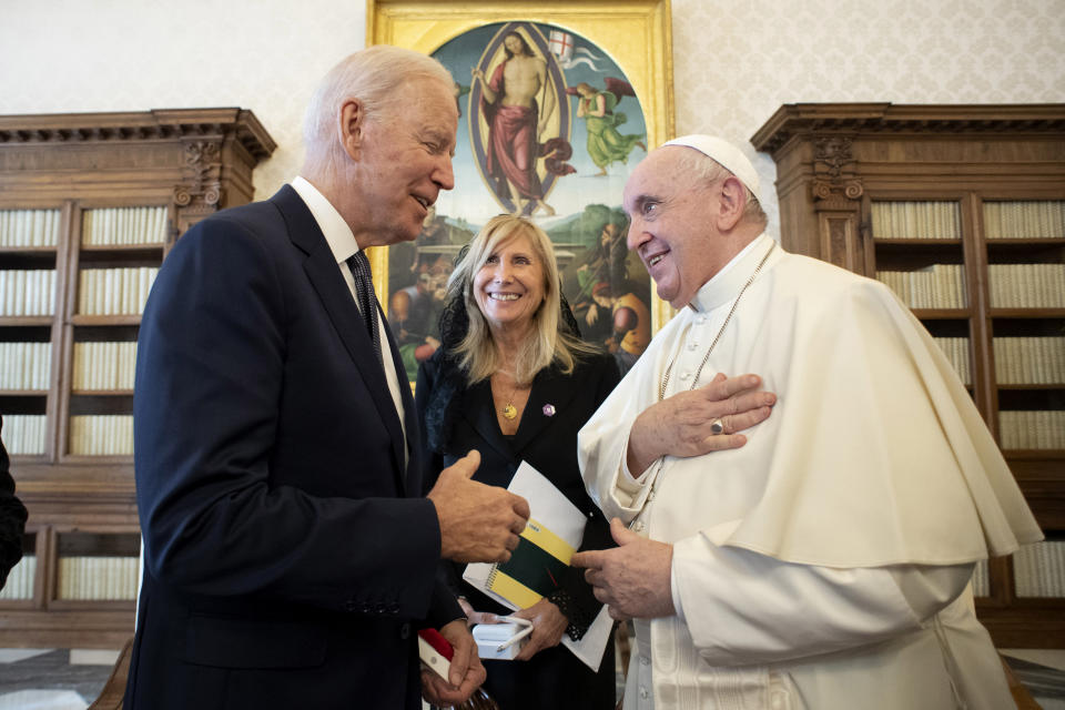 Joe Biden met with Pope Francis at the Vatican in October - Credit: Vatican Media via AP