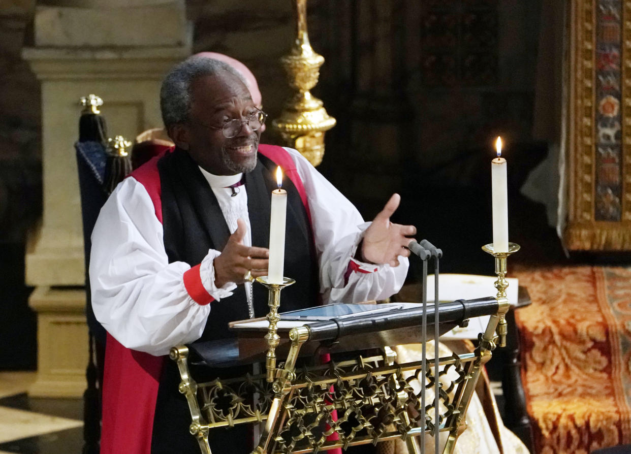 Bishop Michael Bruce Curry gives a reading during the wedding ceremony of Britain's Prince Harry, Duke of Sussex and US actress Meghan Markle in St George's Chapel, Windsor Castle, in Windsor, on May 19, 2018. (Photo by Owen Humphreys / POOL / AFP)        (Photo credit should read OWEN HUMPHREYS/AFP via Getty Images)