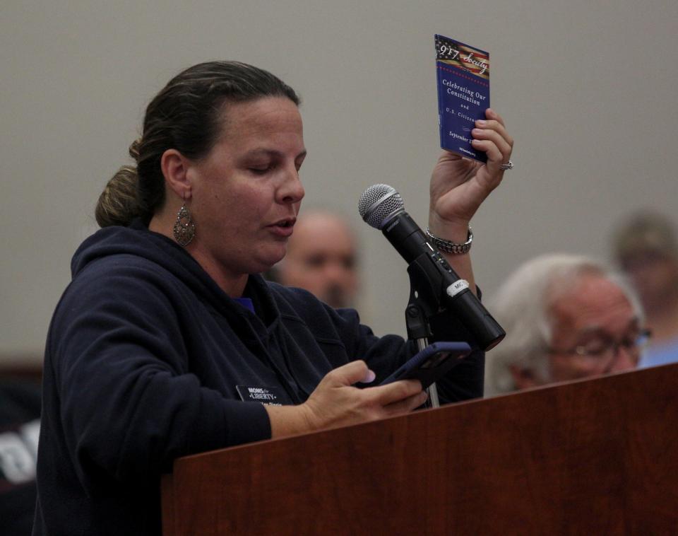 Jennifer Pippin, president of the Indian River County Moms for Liberty, speaks before school district members during citizen input, Monday, Sept. 25, 2023.