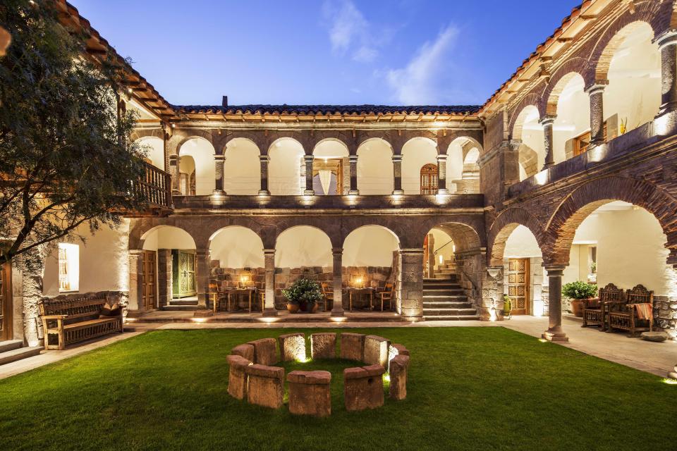 Most of the stone work in the courtyard of Inkaterra La Casona, a former 16th-century manor, was refurbished by hand.