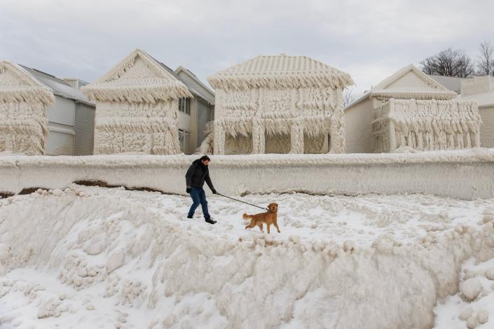 男が犬を湖の岸に連れて行き、その後ろに美しい規則的なフラクタル パターンで雪が完全に凍りついたビクトリア様式の家々が並んでいます。 すべての窓が覆われています。