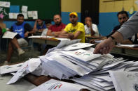 Election officials count ballots shortly after polling stations closed, in the northern city of Tripoli, Lebanon, Sunday, May 15, 2022. Lebanese voted for a new parliament Sunday against the backdrop of an economic meltdown that is transforming the country and low expectations that the election would significantly alter the political landscape. (AP Photo/Bilal Hussein)