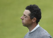 Northern Ireland's Rory McIlroy reacts after completing his second round on the 18th green during the second round of the British Open Golf Championships at Royal Portrush in Northern Ireland, Friday, July 19, 2019.(AP Photo/Peter Morrison)
