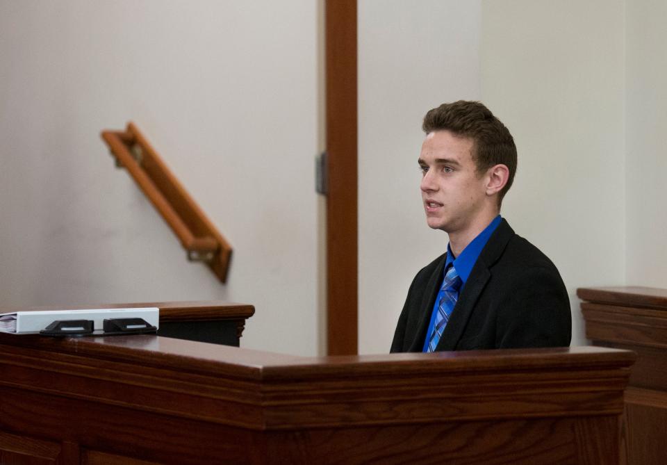 Jerome Kunkel, 18, takes the witness stand during his hearing in Boone County Circuit Court Monday, April 1, 2019. Jerome, a senior at Assumption Academy in Walton objected to the demand of public health officials for vaccinations against chickenpox when 32 students at his small Catholic school came down with the illness this year.