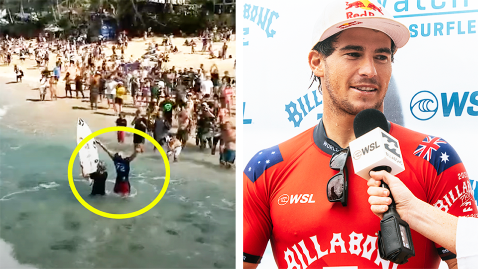 Aussie rising star Jack Robinson (pictured right) during an interview and (pictured left) Robinson celebrating after the Billabong Pipeline victory.