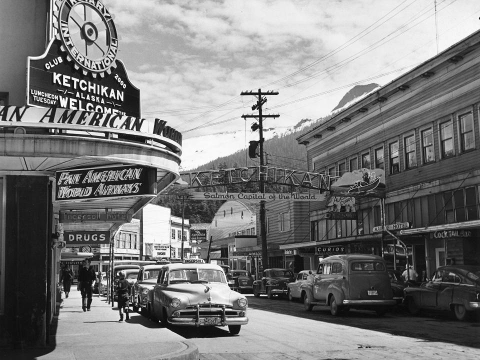 circa 1950: A street in Ketchikan, Alaska, the self-styled Salmon Capital of the World.