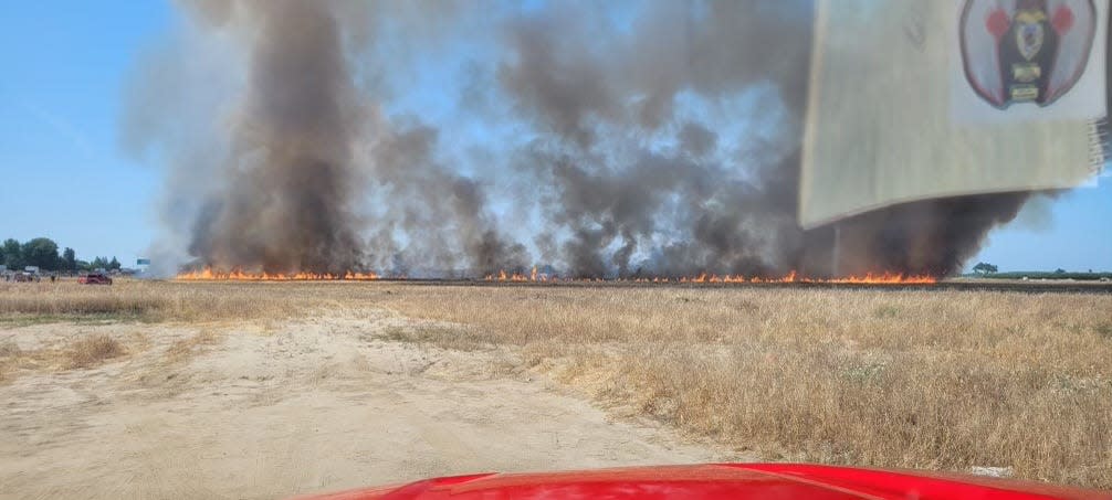 Tulare Fire Department contained a 30-acre grassfire near the Tulare Outlets Tuesday afternoon. The cause of the fire is under investigation.
