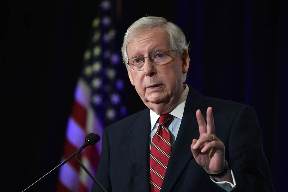 Senate Majority Leader Mitch McConnell speaks to reporters during a press conference.
