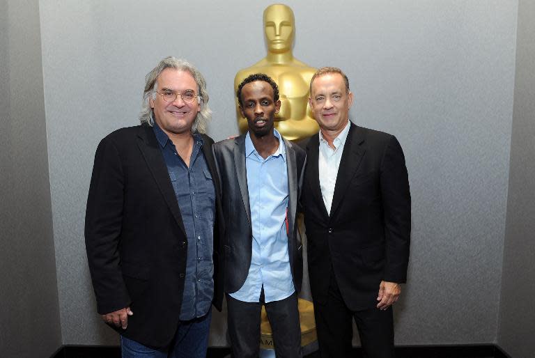 Paul Greengrass, Barkhad Abdi and Tom Hanks attend the Academy of Motion Picture Arts and Sciences official Academy members screening of "Captain Phillips," in New York, on October 7, 2013