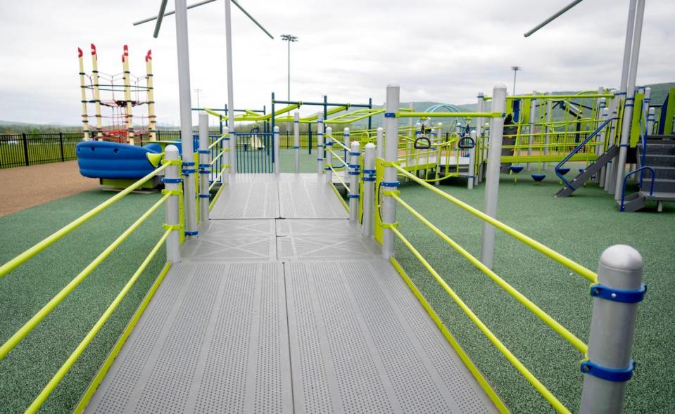 Ramps on the play structure at the all-abilities playground at Whitehall Road Regional Park on Tuesday, May 7, 2024.