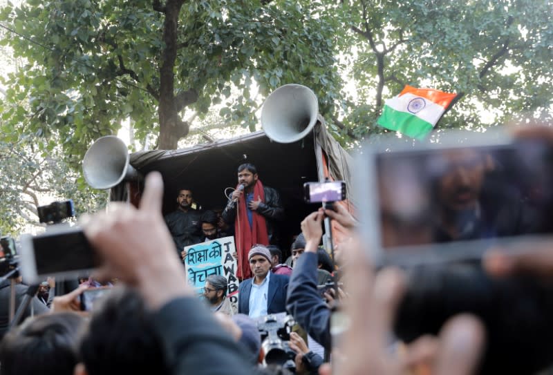 India's left-wing youth leader Kanhaiya Kumar addresses people during a protest against the attacks on the students of Jawaharlal Nehru University, in New Delhi