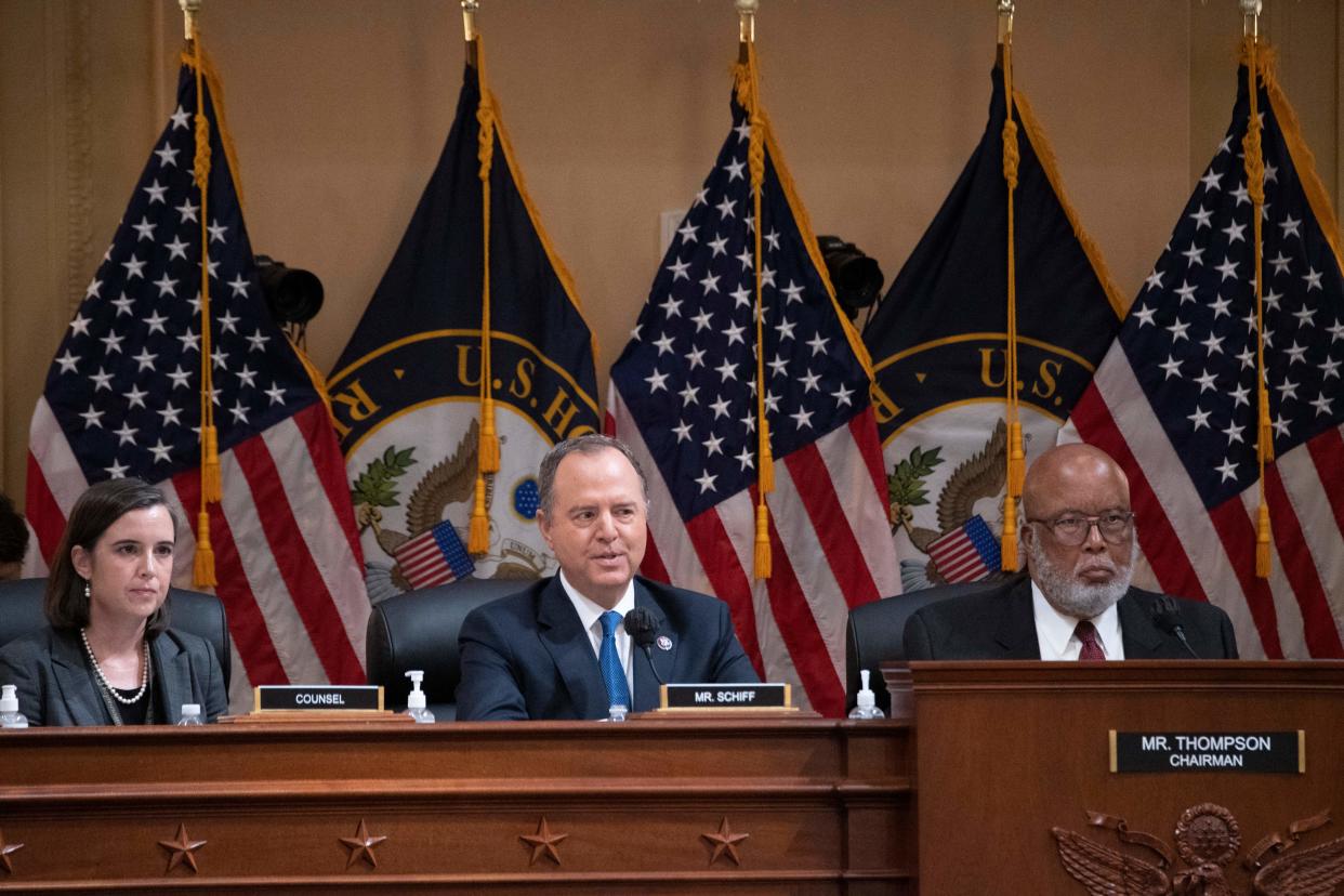 Rep. Adam Schiff, center, with House select committee Chair Bennie Thompson.