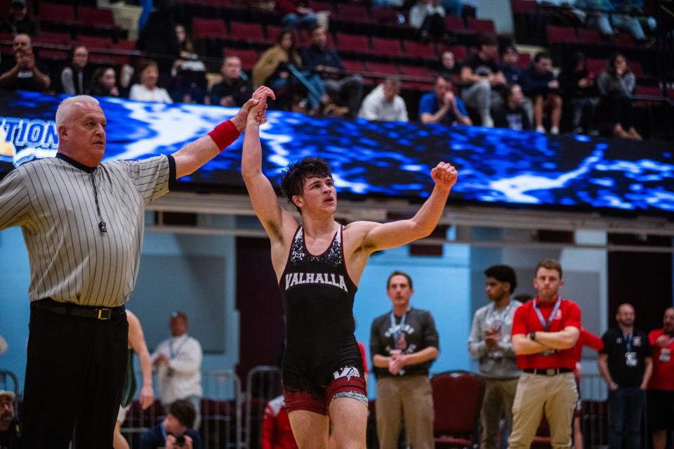 Briarcliff-Byram Hills-Valhalla-Westlake's Neil Paulercio wins the 131 pound weight class during the Section 1 division 1 wrestling championship in White Plains, NY on Sunday, February 11, 2024.