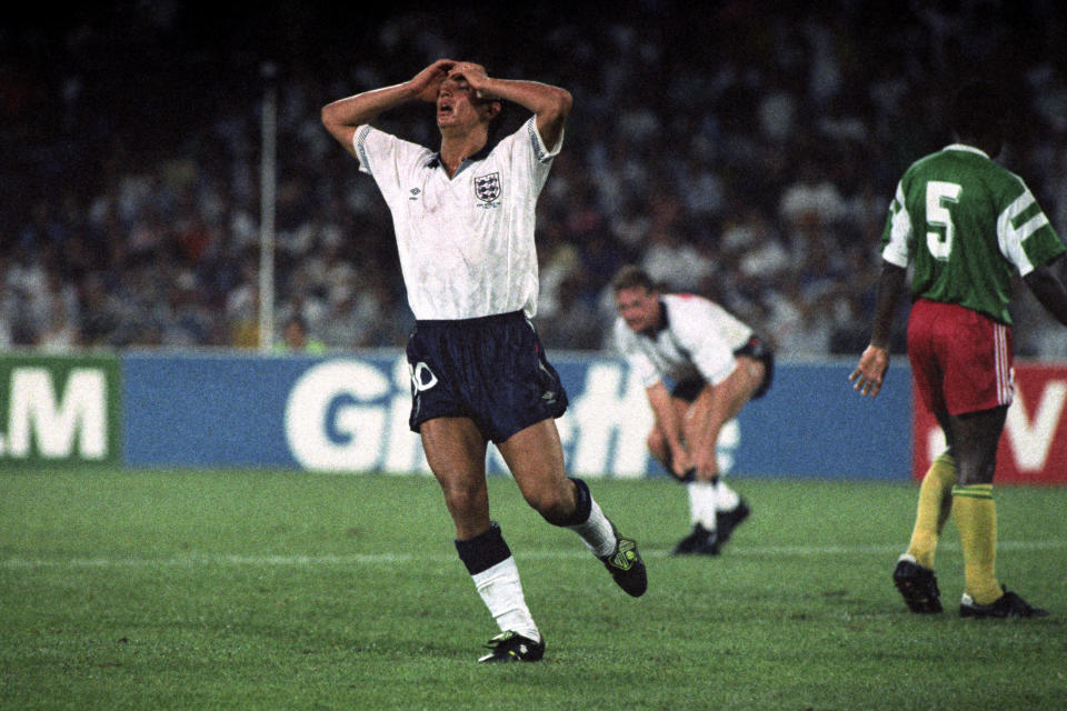 England's Gary Lineker can't believe it as a chance ismissed   (Photo by Ross Kinnaird - PA Images via Getty Images)