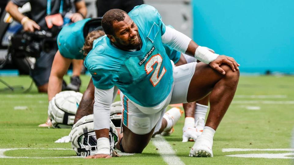 Miami Dolphins linebacker Bradley Chubb (2) stretches during a team scrimmage at Hard Rock Stadium in Miami Gardens on Saturday, August 5, 2023.