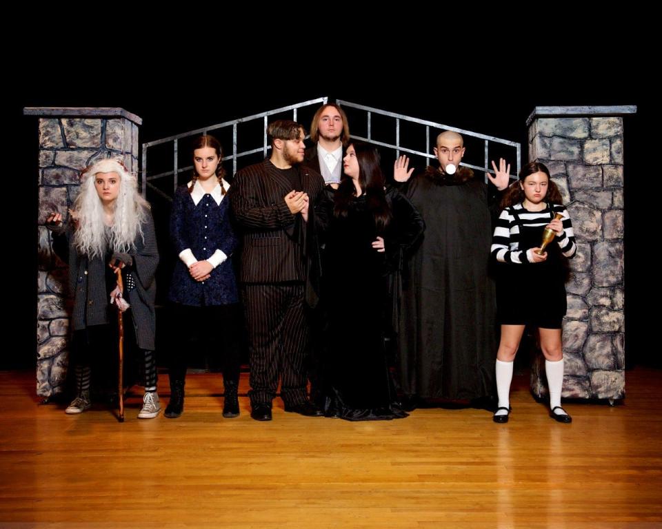 New Brighton High School presents "The Addams Family." The cast includes (from left) Kelsie Martin, Ana Fasick, Jaden Mabin, Josh Dolnack, Makayla Heitger, Connor McCracken, Saidie Kester