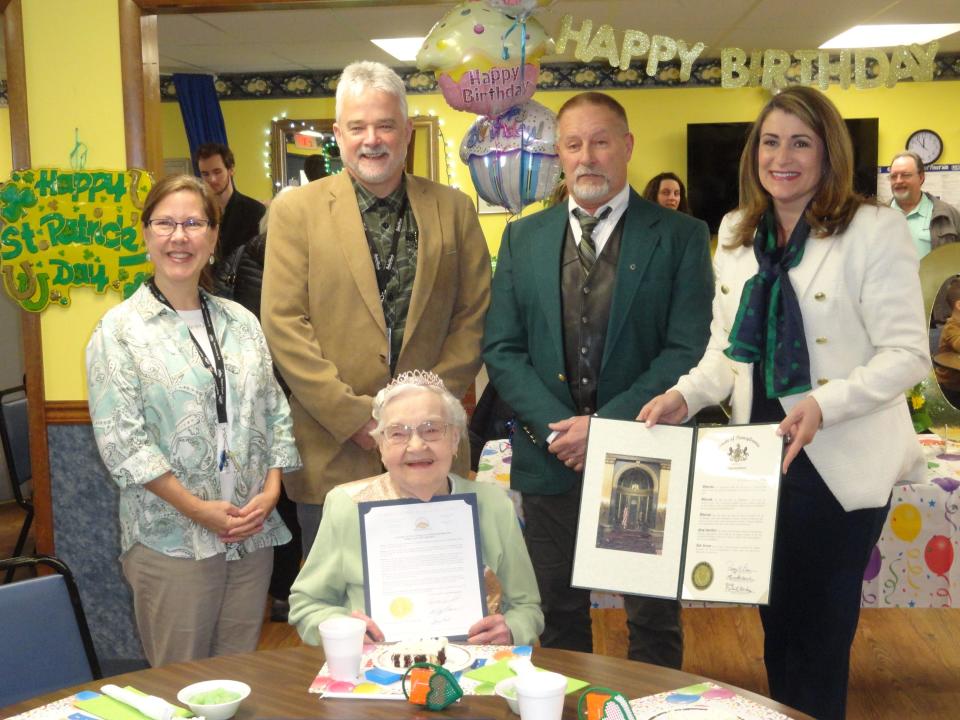 Happy birthday: Well wishes, resolutions and citations were offered Mrs. Doris Day for her 100th birthday March 17, 2023 (her birth date is March 16), from left, Wayne County Commissioners Jocelyn Cramer, Jeffrey Shook and Brian Smith; and PA Senator Rosemary Brown, as well as PA Rep. Jonothan Fritz (not shown). Honesdale Senior Center was the setting for the party honoring the long-time Honesdale bakery owner.