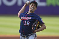 Minnesota Twins starting pitcher Kenta Maeda delivers in the first inning of a baseball game against the Cleveland Indians, Tuesday, April 27, 2021, in Cleveland. (AP Photo/David Dermer)