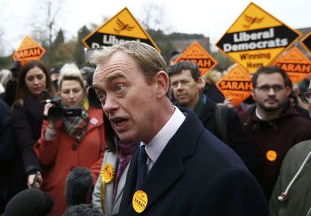 Liberal Democrats party leader Tim Farron speaks to the media after Sarah Olney's victory in the Richmond Park by-election, in London, Britain December 2, 2016. REUTERS/Peter Nicholls