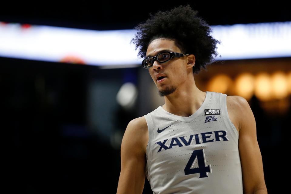 Xavier Musketeers forward Cesare Edwards (4) enters the game late in the first half of the NCAA basketball game between the Xavier Musketeers and the Norfolk State Spartans at the Cintas Center in Cincinnati on Sunday, Nov. 21, 2021. Xavier led 45-16 at halftime. 