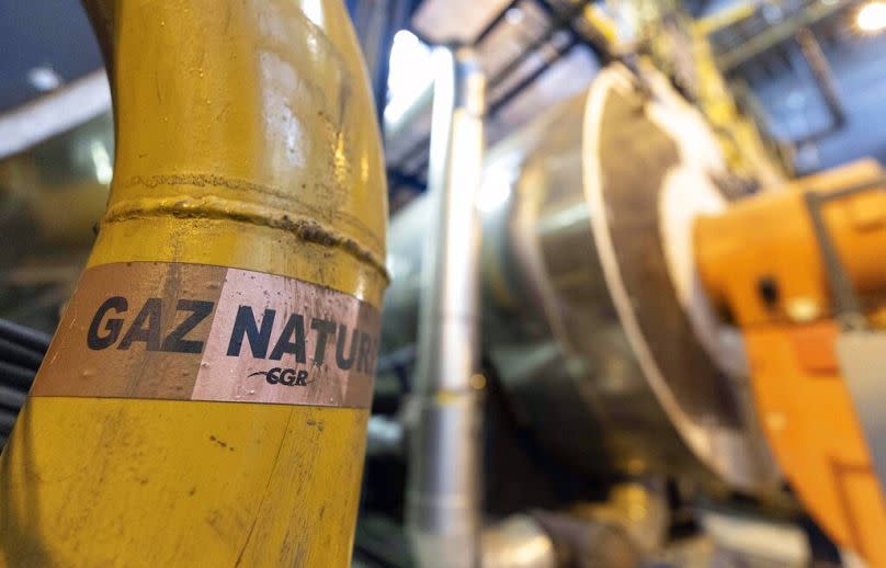 A sticker reads "natural gas" on a pipe at the French company R-CUA plant, in Strasbourg, October 2023