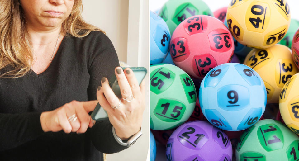 A woman holds a phone and lottery balls are pictured.