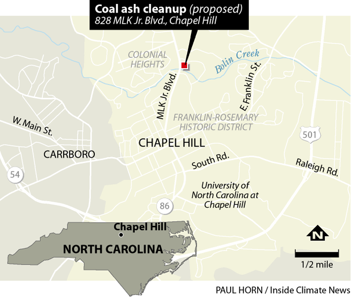 a map shows the site in Chapel Hill where to coal ash cleanup would take place 